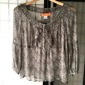Cynthia by Cynthia Steffe Sheer Silk Teal Grey Floral Boho-Style Blouse Size 4